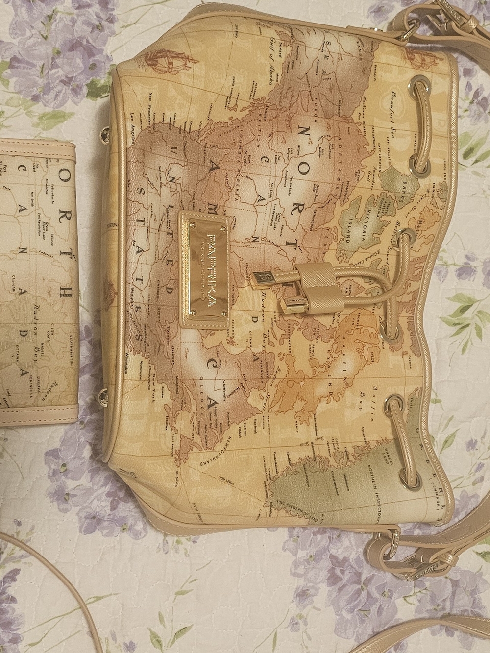 Paprika Beige Map-Print Bucket Shoulder Bag with Gold Accents
